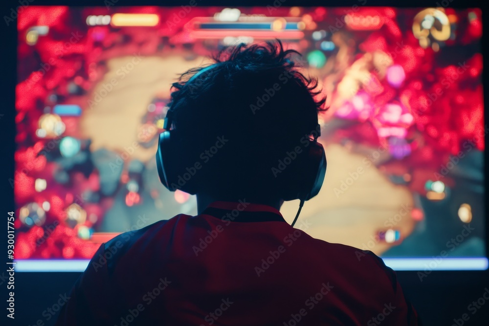In an abstract virtual reality world, an adult games with headphones playing an internet MMORPG cyber strategy online video game on a computer gaming rig. Spending time alone at home. An individual In an abstract virtual reality world, an adult games with headphones playing an internet MMORPG cyber strategy online video game on a computer gaming rig. Spending time alone at home. An individual