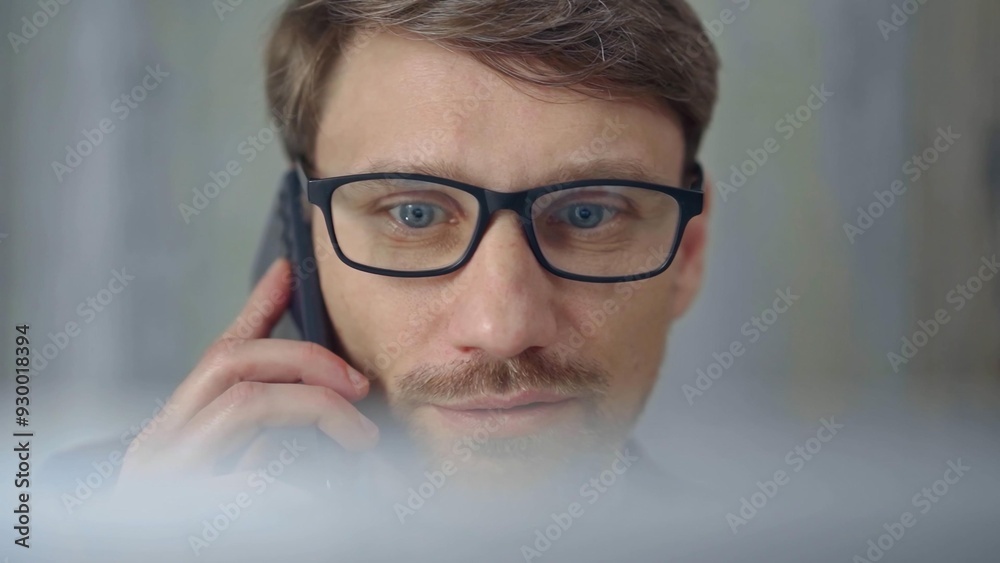 Businessman with glasses speaking on the phone, partially obscured by blurred laptop. Front view and close up portrait Businessman with glasses speaking on the phone, partially obscured by blurred laptop. Front view and close up portrait