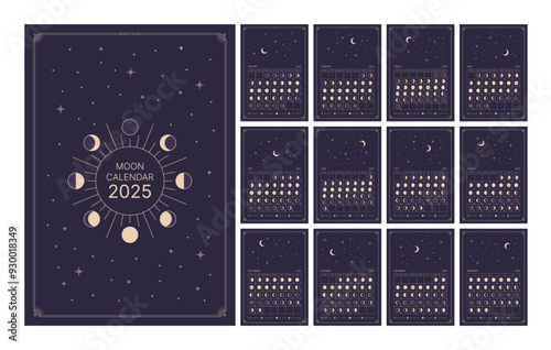 Lunar calendar for the year 2025, lunar phases schedule and cycles monthly planner template. Astrological Moon Phase wall Calendar Banner, Card, Poster Vector Illustration