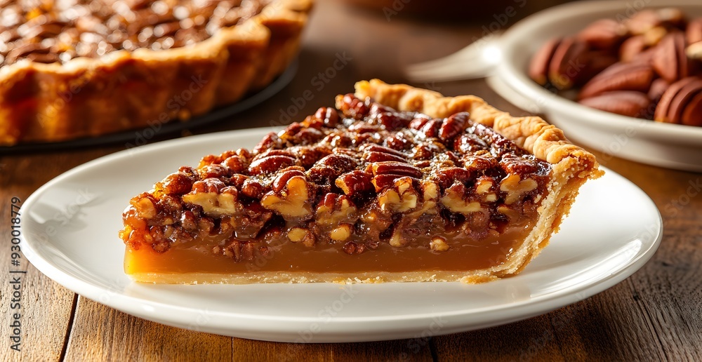 A slice of homemade pecan pie on a white plate, in the background there is an entire southern style caramel and pecan tart, A slice of homemade pecan pie on a white plate, in the background there is an entire southern style caramel and pecan tart,