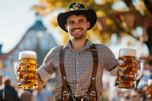 Smiling young man in traditional Oktoberfest costume with Tyrolean hat holding two big mugs of beer. Guy having fun outside in brewfest. Front half-length portrait, natural daylight, look at camera.
