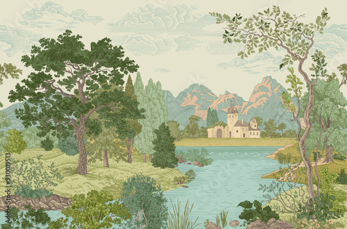 Summer landscape. Woodland. Vector vintage illustration.