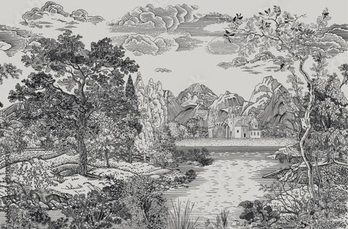 Summer landscape. Woodland. Vector vintage illustration. Black and white