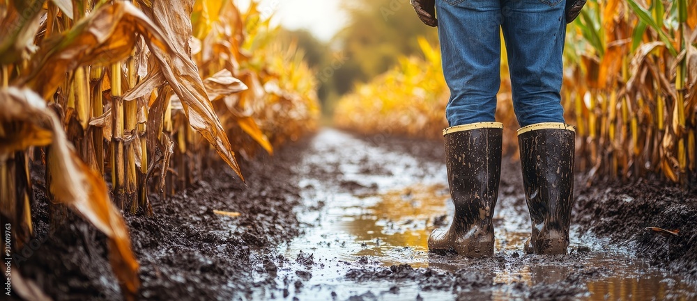 Farmers While Raining The farmer is standing in a flooded field with rubber boots, and the ...