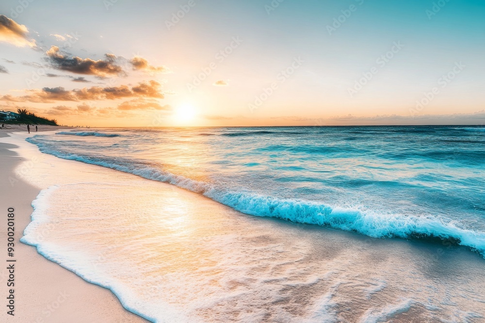 Obraz premium Tranquil beach scene at sunset with turquoise blue waves, golden sunlight, and white foam, serene ocean view with distant swimmers and sandy shore in warm evening tones.