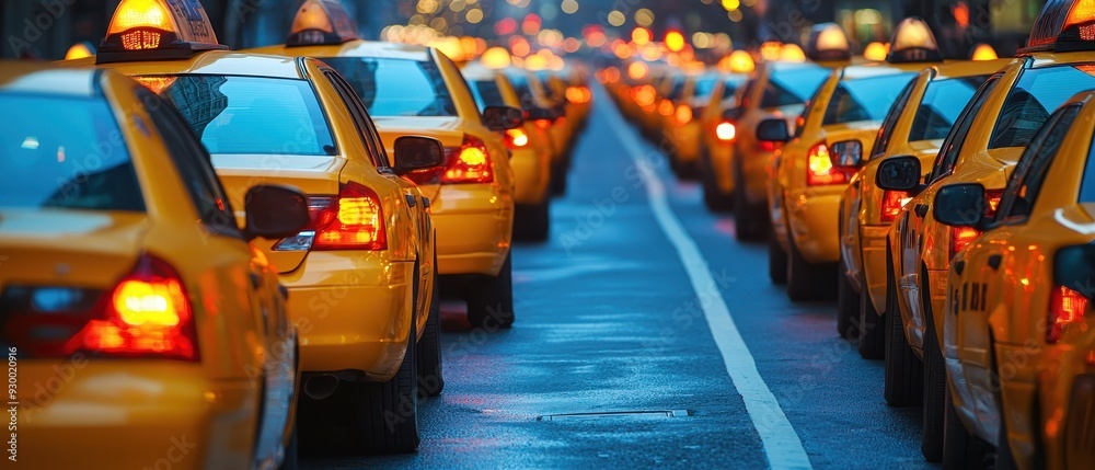 A long line of yellow cars on a city road A long line of yellow cars on a city road