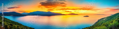 Panoramic view of a tranquil sunset over mountains and sea with orange clouds and blue water  serene landscape with green trees covering the land  creating a peaceful atmosphere in warm tones.
