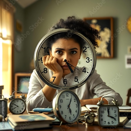 Time blindness, showcasing a various clocks with different times, while a woman looks bewildered at where the time has gone photo