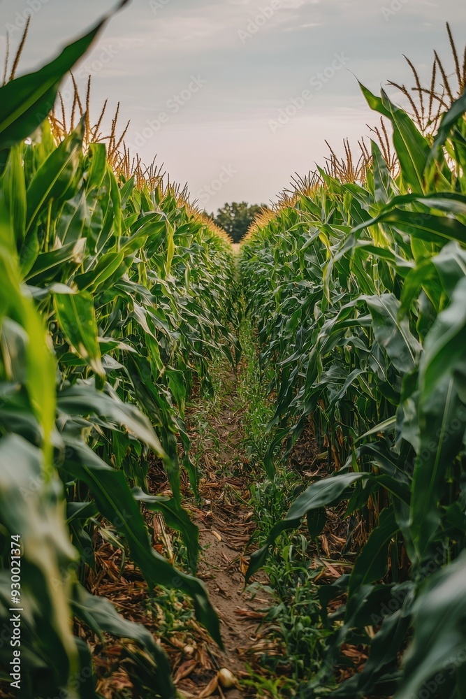 a lush, green cornfield with rows of growing corn plants under a clear sky a lush, green cornfield with rows of growing corn plants under a clear sky