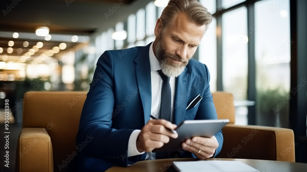 Portrait of a businessman is sitting in an office and using his tablet computer to work. Portrait of a businessman is sitting in an office and using his tablet computer to work.
