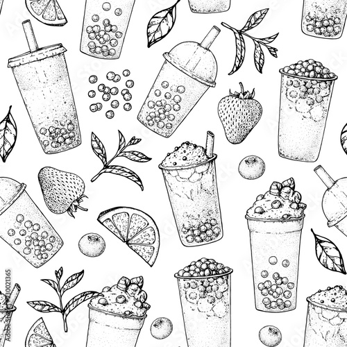 Bubble tea seamless pattern. Hand drawn vector illustration. Bubble tea sketch. Design template.