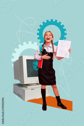 Vertical photo collage of silly schoolgirl hold failure test receive bad mark illiterate student pc monitor isolated on painted background