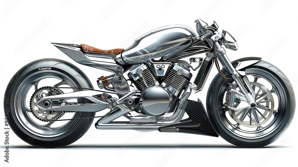 Chrome motorcycle with brown leather seat isolated on white. Chrome motorcycle with brown leather seat isolated on white.