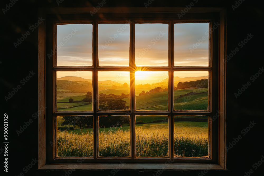 Rolling Hills and Farmland Seen Through a Rustic Cottage Window Rolling Hills and Farmland Seen Through a Rustic Cottage Window