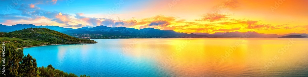 Panoramic view of a tranquil sunset over mountains and sea with orange clouds and blue water, serene landscape with green trees covering the land, creating a peaceful atmosphere in warm tones. Panoramic view of a tranquil sunset over mountains and sea with orange clouds and blue water, serene landscape with green trees covering the land, creating a peaceful atmosphere in warm tones.