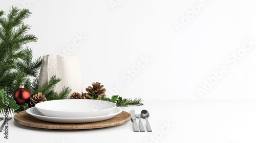 Fototapeta Naklejka Na Ścianę i Meble -  A boho-style Christmas table setting with rustic decor, 3D illustration, isolated on white background