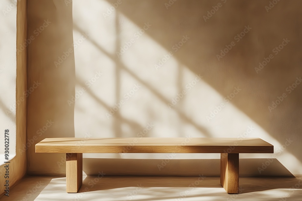 A minimalist wooden bench against a beige wall with delicate shadows of leaves and branches, creates a serene atmosphere for product photography