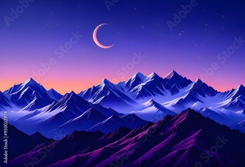 A snowy mountain range against a colorful night sky with a crescent moon and stars