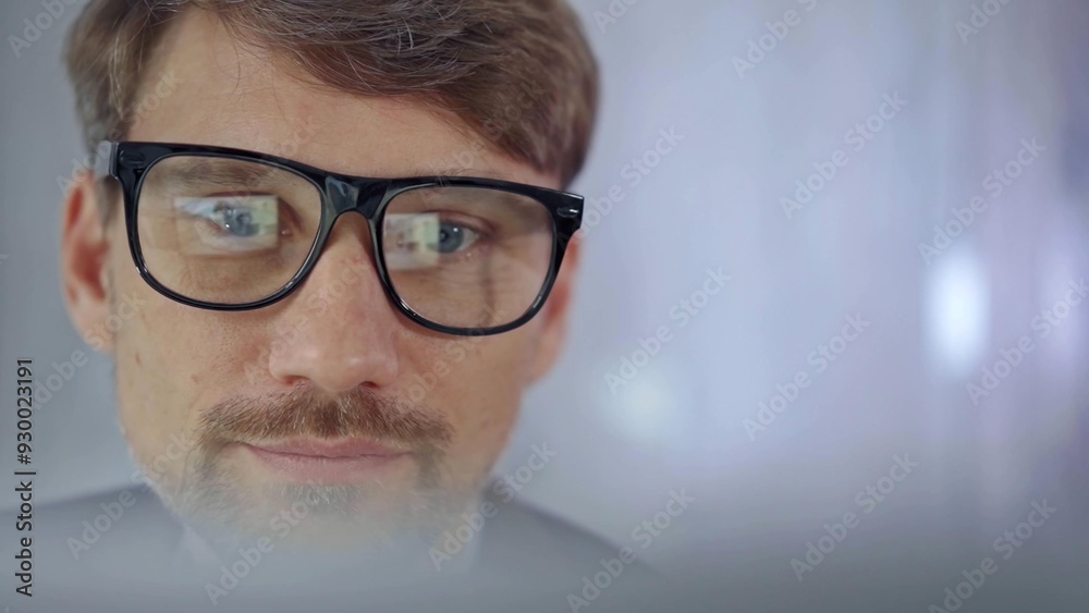 Businessman with glasses looking intently obscured partially by a translucent surface of laptop. Business concept