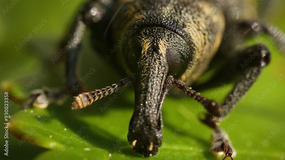 Extreme closeup macro Large pine weevil beetle on leaf. Insect animal in nature. Hylobius abietis, Curculionidae.