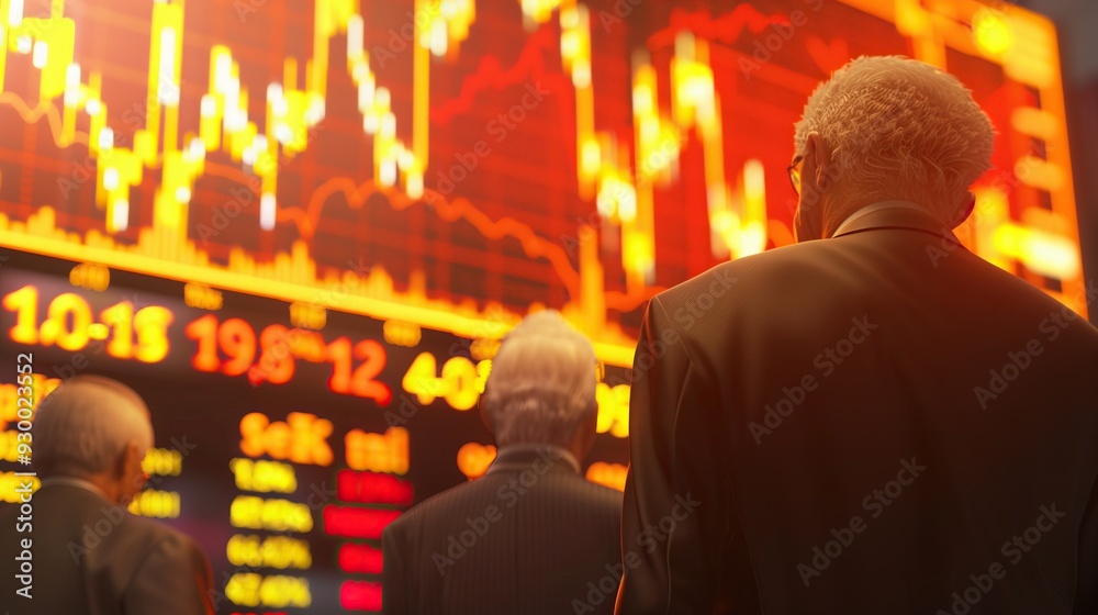 Three men watch stock market ticker displaying financial data Three men watch stock market ticker displaying financial data