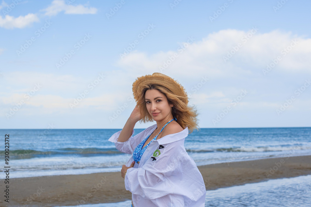Vacation at sea, woman at Italy beach. Lady in bright swimwear Vacation at sea, woman at Italy beach. Lady in bright swimwear