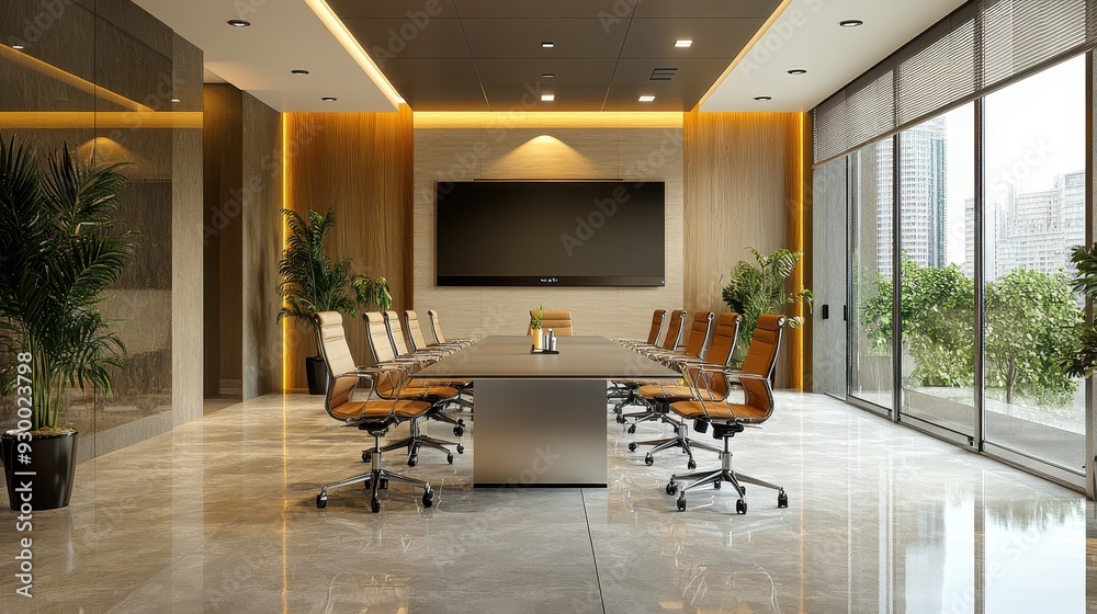 Fototapeta premium Modern conference room featuring sleek chairs, large table, and floor-to-ceiling windows for ample natural light.
