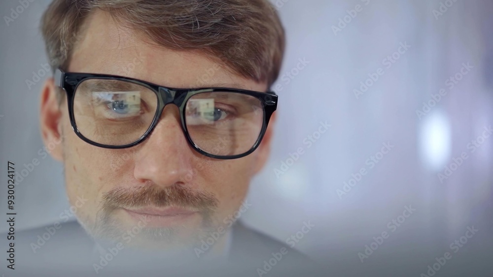 Businessman with glasses looking intently obscured partially by a translucent surface of laptop. Business concept Businessman with glasses looking intently obscured partially by a translucent surface of laptop. Business concept