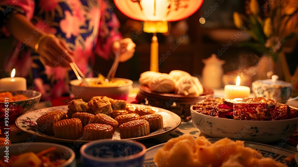 Celebrate Togetherness: Traditional Family Dinner with Mooncakes under Warm Moon Festival Glow Celebrate Togetherness: Traditional Family Dinner with Mooncakes under Warm Moon Festival Glow