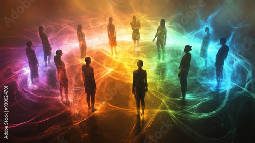 A circle of people shares vibrant auras that blend, symbolizing their deep emotional connections.