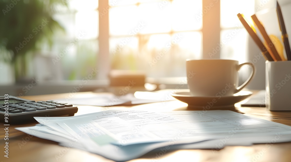 A desk with detailed tax forms featuring charitable contributions, a calculator, and a mug of tea, bright natural light from a window, blurred background of a modern office with neutral tones, neat A desk with detailed tax forms featuring charitable contributions, a calculator, and a mug of tea, bright natural light from a window, blurred background of a modern office with neutral tones, neat