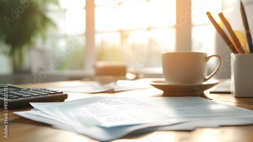 A desk with detailed tax forms featuring charitable contributions, a calculator, and a mug of tea, bright natural light from a window, blurred background of a modern office with neutral tones, neat