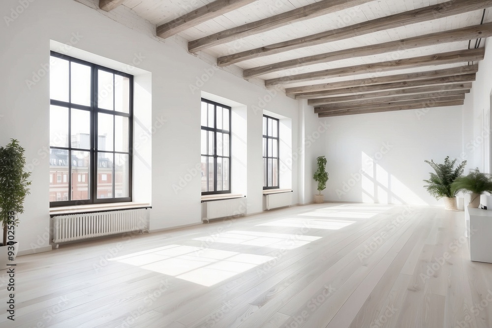 Fototapeta premium Bright, Minimalist Loft Apartment with Exposed Wooden Beams