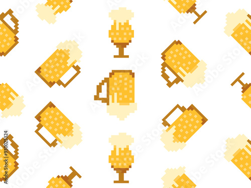 Seamless pattern with beer glasses in pixel style. 8 bit beer mug with foam. Pixel beer in 8-bit retro graphics style of 80s and 90s. Design for banners and posters. Vector illustration