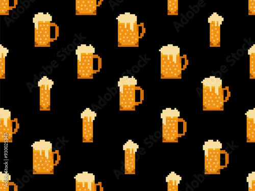 Seamless pattern with beer glasses in pixel style. 8 bit beer mug with foam. Pixel beer in 8-bit retro graphics style of 80s and 90s. Design for banners and posters. Vector illustration
