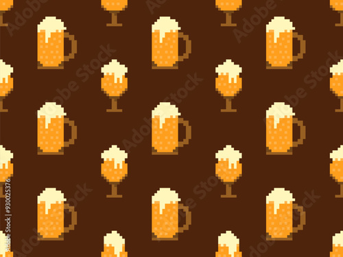 Seamless pattern with beer glasses in pixel style. 8 bit beer mug with foam. Pixel beer in 8-bit retro graphics style of 80s and 90s. Design for banners and posters. Vector illustration