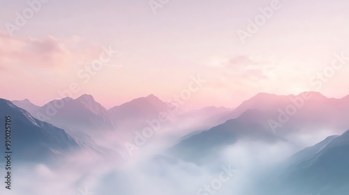 Create a long shot of a majestic mountain range at sunrise, with muted pastel tones and hazy mist