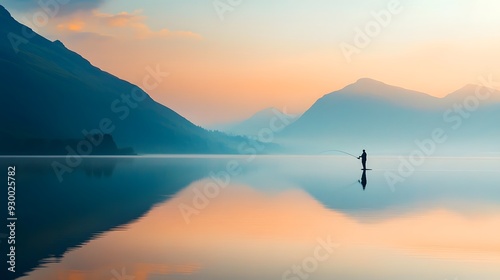 A lone fisherman casting a line into a calm, glassy lake, evening light creating a warm, tranquil glow, background blurred with the gentle colors of a fading sunset and distant mountains, serene and