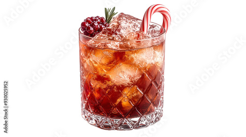 Brownish-red Christmas  cocktail with garnish, candy cane, and ice cubes isolated on a transparent background