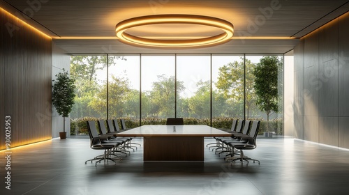 Modern conference room with a large table, elegant chairs, and abundant natural light from panoramic windows.