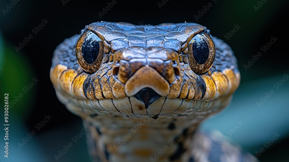 Fototapeta premium Highly Detailed Photograph of Indonesian Cobra Facing Camera - Head Tilted with Dark Green Foliage Background