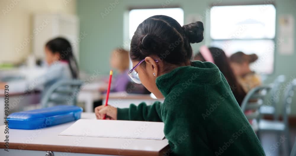 Child, student and writing in classroom for learning, education and problem solving by desk with knowledge. Girl, study and exam in elementary school with pencil for development, growth and project