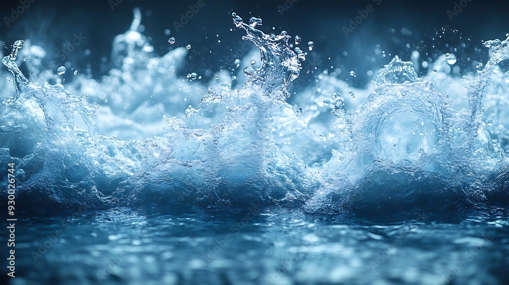 Water splash with air bubbles forming a wave against a dark blue background. Water splash with air bubbles forming a wave against a dark blue background.