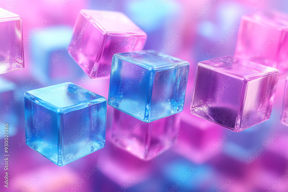 A dynamic arrangement of floating blue and purple cubes, positioned at varying heights against a cyan background, creating visual interest, A dynamic arrangement of floating blue and purple cubes, positioned at varying heights against a cyan background, creating visual interest,