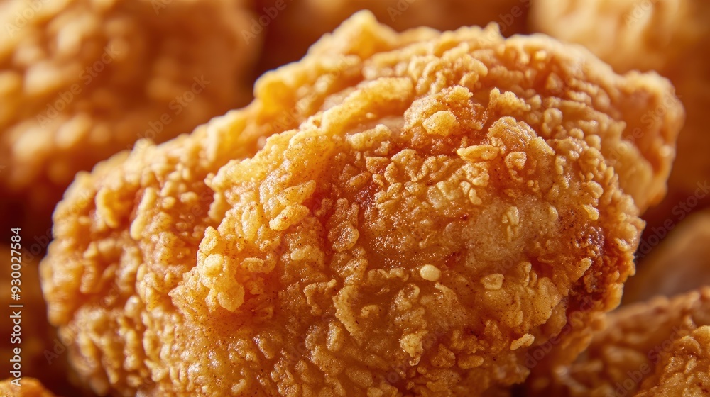 A close-up of crispy fried chicken thigh, showing the texture of the golden-brown coating. A close-up of crispy fried chicken thigh, showing the texture of the golden-brown coating.