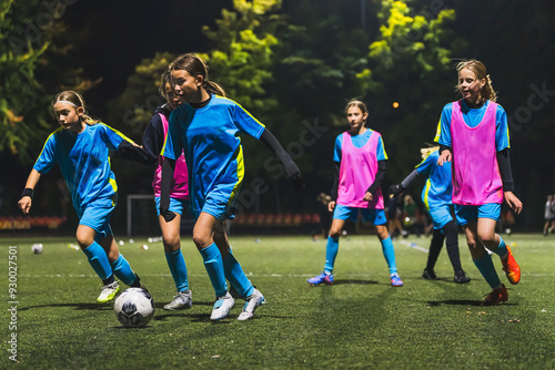 little soccer player girls performing an action play on a soccer stadium. Girls in uniforms playing soccer . High quality photo