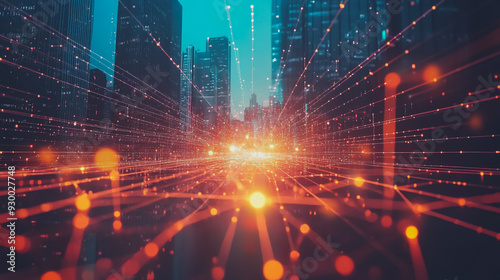 Smart digital city with connection network reciprocity over the cityscape . Concept of future smart wireless digital city and social media networking systems that connects people within the city