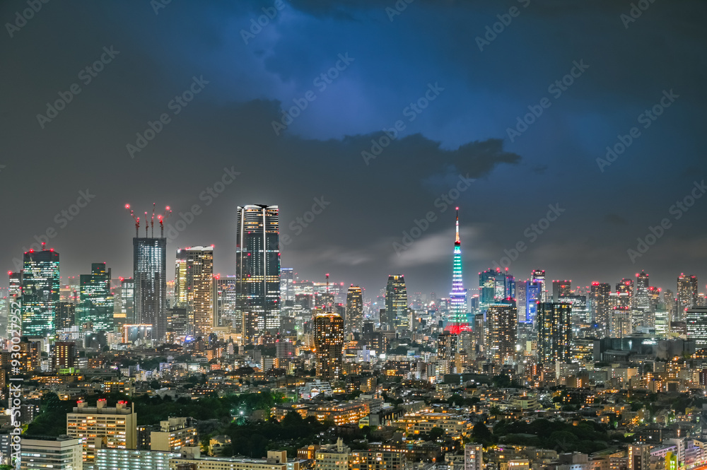 Obraz premium 東京の夜景と雷