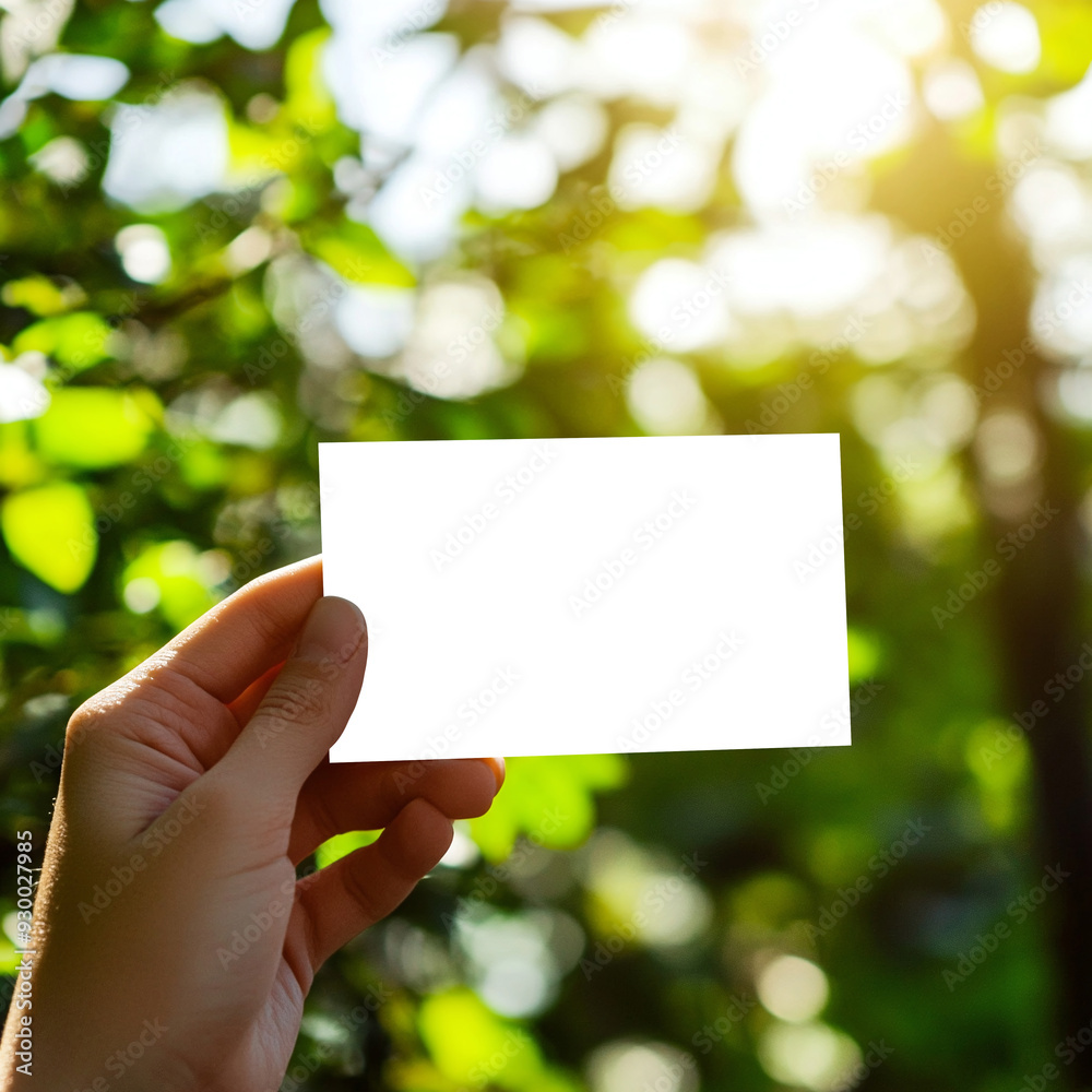 Business card mockup template in person's hand against sunny summer day Business card mockup template in person's hand against sunny summer day