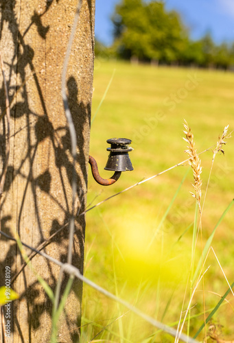 Izolator elektryczny na drewnianym slupie. Elektryczne zabezpieczenie pastwiska. Pastuch elektryczny. Elektryczne ogrodzenie. photo